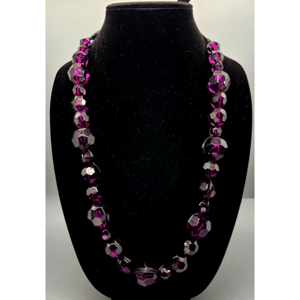 Mcm Purple Faceted acrylic beaded on Ribbon Hand Knotted 34"  Stunning Necklace